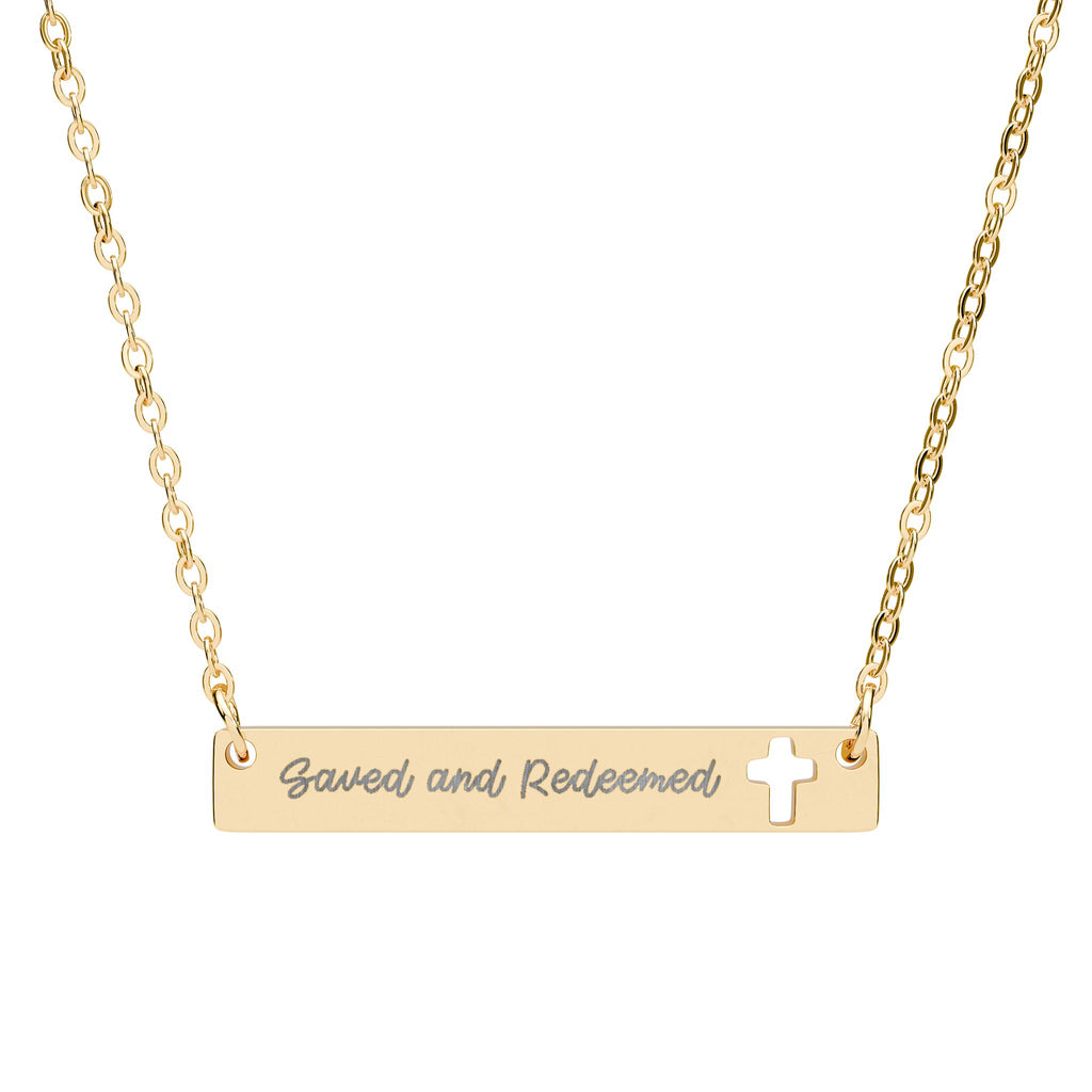 SAVED AND REDEEMED ENGRAVED CROSS BAR NECKLACE