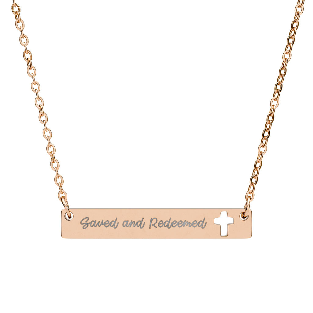SAVED AND REDEEMED ENGRAVED CROSS BAR NECKLACE