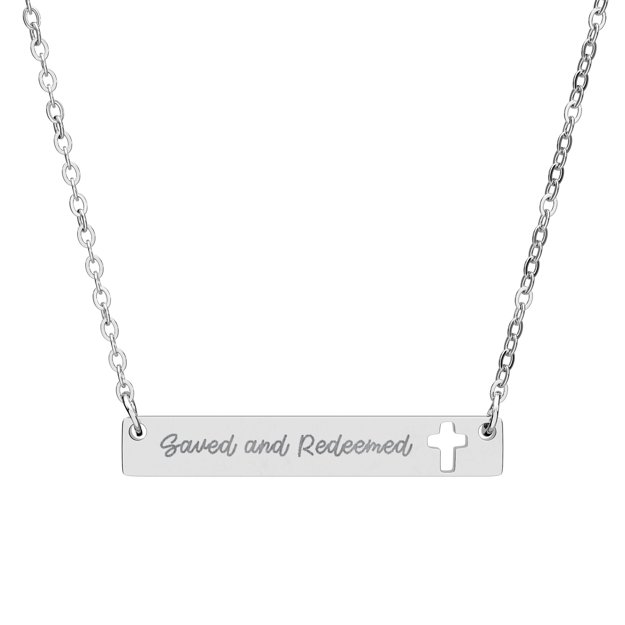 SAVED AND REDEEMED ENGRAVED CROSS BAR NECKLACE